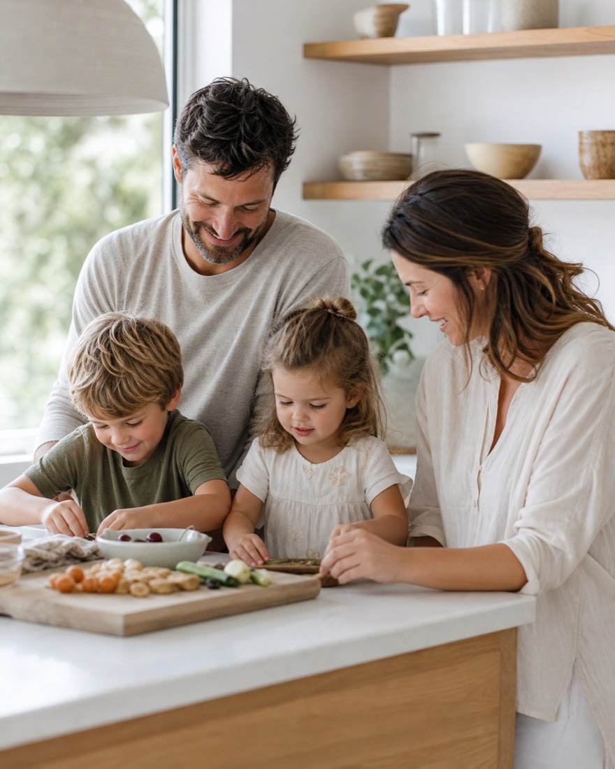 A family preparing food together in a bright kitchen at home.